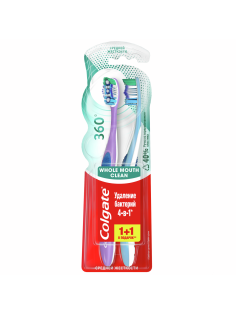 Зубная щетка Colgate 360 Суперчистота всей полости рта антибактериальная, средней жесткости, синяя, фиолетовая 1+1