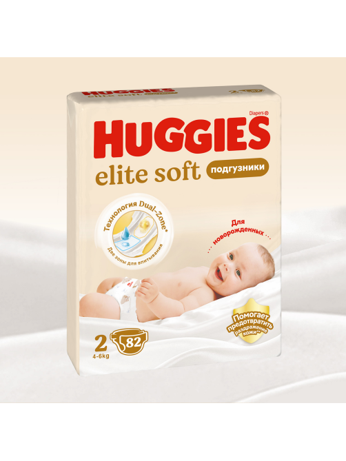 Подгузники Huggies Elite Soft для новорожденных 2 размер 4-6кг, 82шт