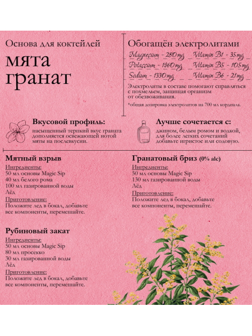 Основа для коктейлей Magic Sip мята и гранат безалкогольная, 0.7л