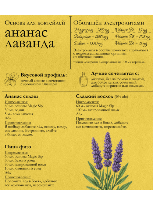 Основа для коктейлей Magic Sip ананас и лаванда безалкогольная, 0.7л
