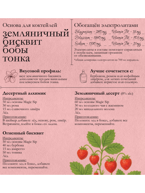 Основа для коктейлей Magic Sip клубничный пирог и тонка безалкогольная, 0.7л