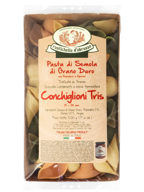 Макароны ракушки Rustichella d'abruzzo Conchiglioni Tris с томатами и шпинатом, 500г
