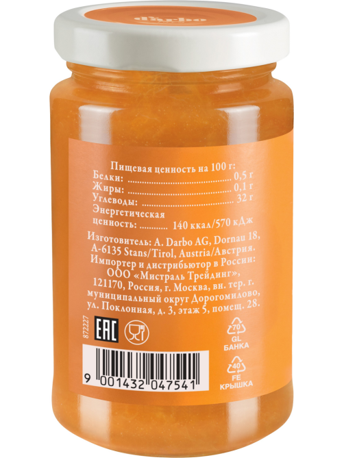 Конфитюр D'arbo Абрикос 80% фруктов, 250г