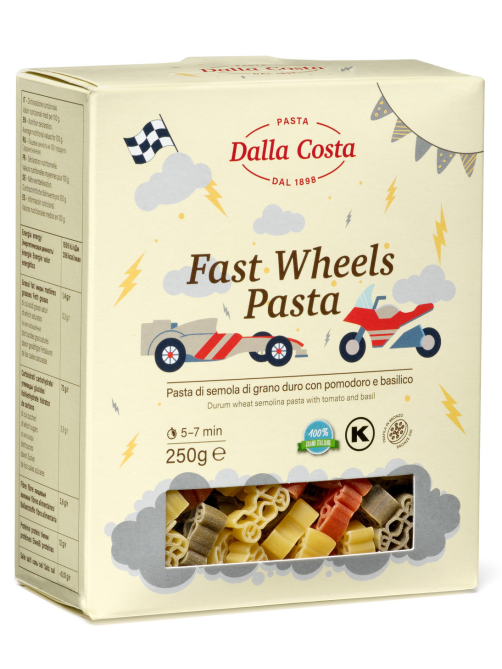 Макароны фигурные детские Dalla Costa Fast Wheels Pasta с томатами и базиликом, 250г
