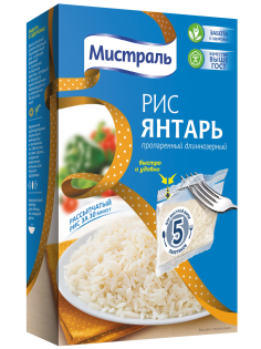 Крупа рис Мистраль Янтарь длиннозерный пропаренный в пакетах для варки 5шт, 400г