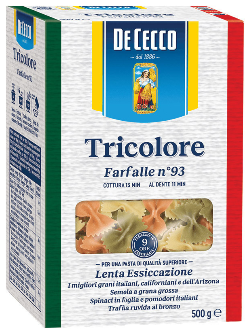 Макароны бантики De Cecco Farfalle Tricolore №93 с томатами и шпинатом, 500г