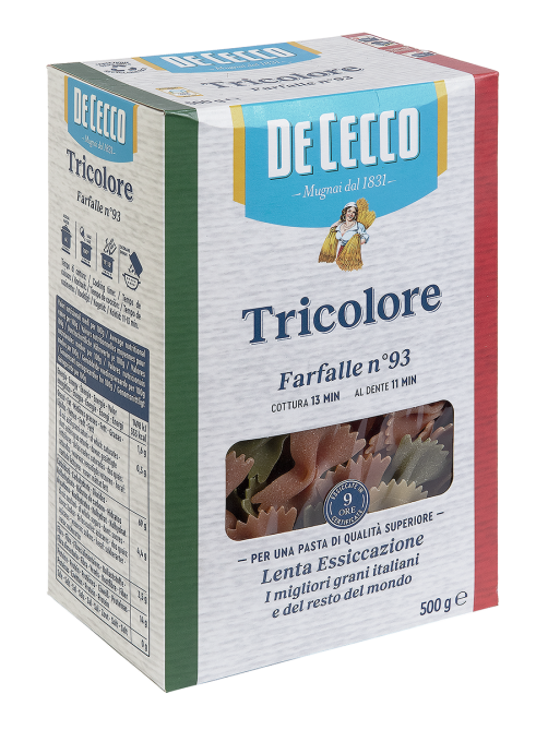 Макароны бантики De Cecco Farfalle Tricolore №93 с томатами и шпинатом, 500г