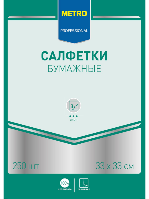 METRO PROFESSIONAL Салфетки бумажные 3 слоя белые 250шт, 33х33см