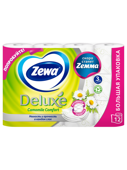 Туалетная бумага Zewa Deluxe Ромашка 3 слоя, 12 рулонов
