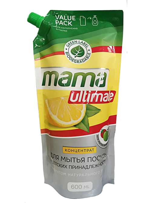 Концентрат для мытья посуды и детских принадлежностей Mama Ultimate с ароматом лимона сменный блок, 600мл