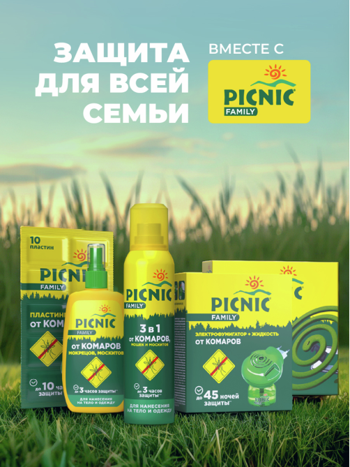 Аэрозоль-репеллент Picnic Family 3 в 1 от комаров, мошек, москитов, 150мл