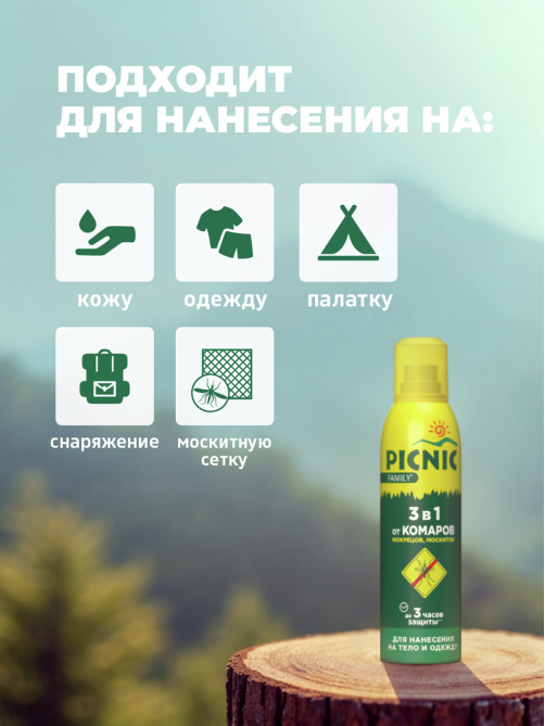 Аэрозоль-репеллент Picnic Family 3 в 1 от комаров, мошек, москитов, 150мл