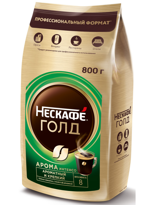 Кофе Нескафе Gold Aroma Intenso растворимый сублимированный с добавлением натурального жареного молотого кофе, 800г