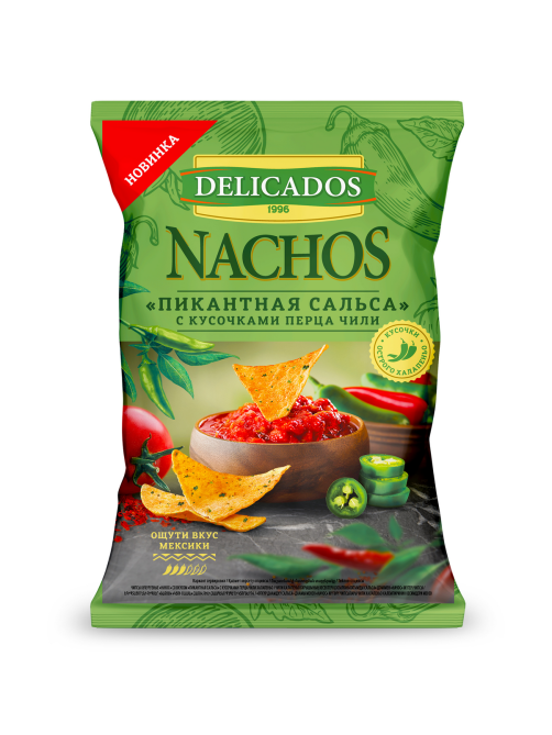 Чипсы Delicados Начос Пикантная сальса с кусочками перца чили, 150г