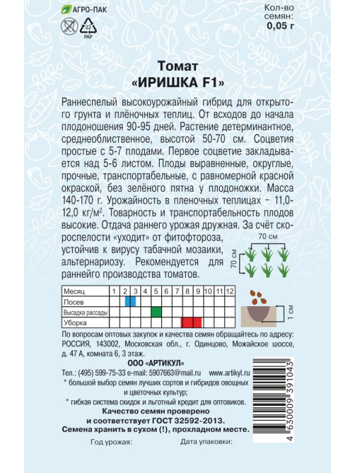 Семена Артикул Томат Иришка F1, 2г