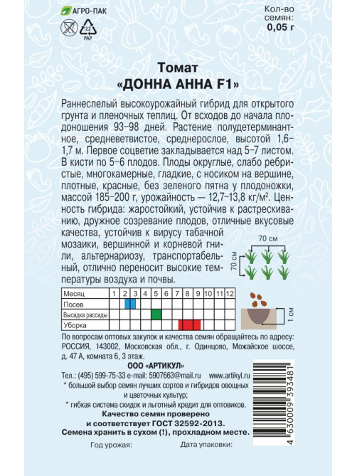 Семена Артикул Томат Донна Анна F1, 2г