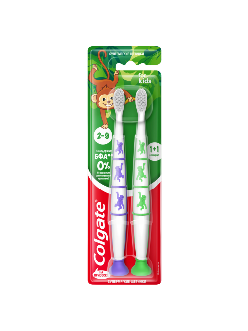 Зубная щетка детская Colgate For Kids на присоске ультрамягкая 2-9 лет, 1+1шт