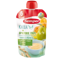 Пюре фруктовое детское Semper с кашей Груша и абрикос с 6 месяцев, 120г