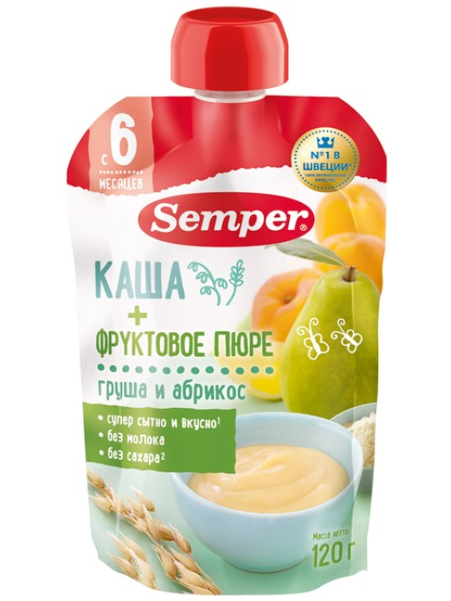 Пюре фруктовое детское Semper с кашей Груша и абрикос с 6 месяцев, 120г
