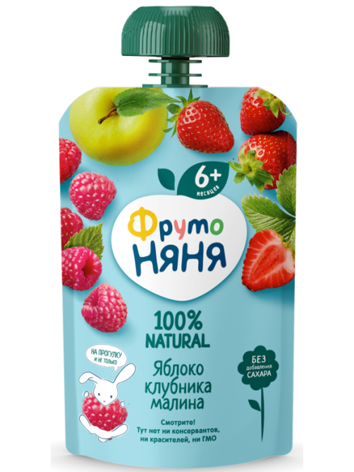 Десерт фруктовый детский ФрутоНяня Яблоко, клубника и малина с 6 месяцев, 90г х 12 шт