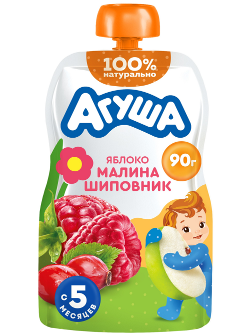 Пюре фруктовое детское Агуша Яблоко, малина и шиповник с 5 месяцев, 90г