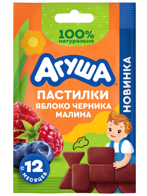 Пастилки фруктовые детские Агуша Яблоко, черника и малина с 12 месяцев, 12г