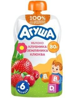 Пюре фруктовое детское Агуша Укрепляй-ка Яблоко, клубника, земляника и клюква с 6 месяцев, 80г