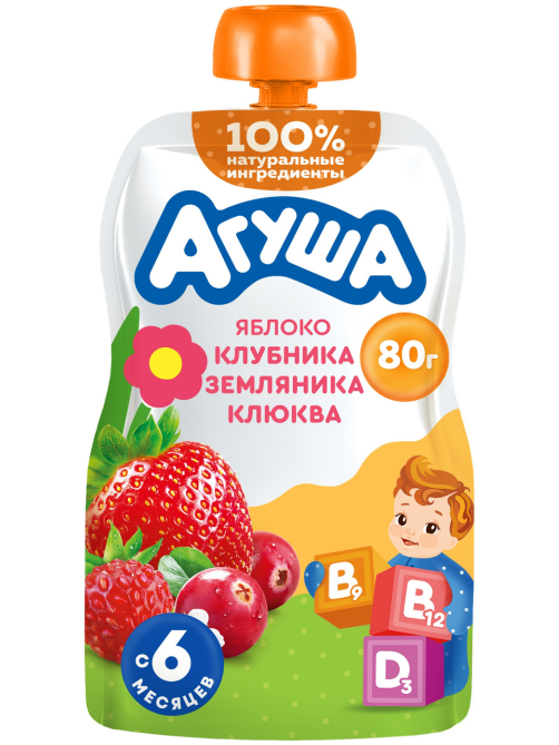 Пюре фруктовое детское Агуша Укрепляй-ка Яблоко, клубника, земляника и клюква с 6 месяцев, 80г