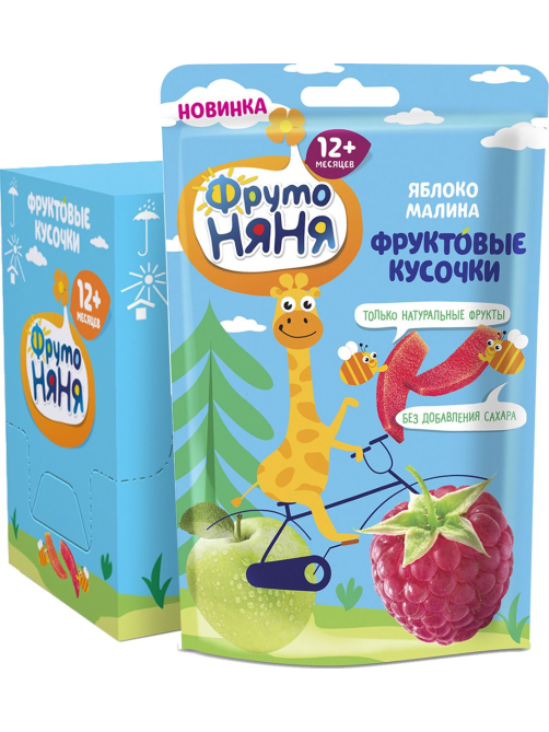Кусочки фруктовые детские ФрутоНяня Яблоко и малина с 12 месяцев, 15г