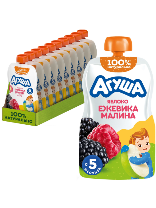 Пюре фруктовое детское Агуша Яблоко, ежевика и малина с 5 месяцев, 90г х 10 шт