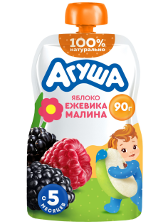 Пюре фруктовое детское Агуша Яблоко, ежевика и малина с 5 месяцев, 90г