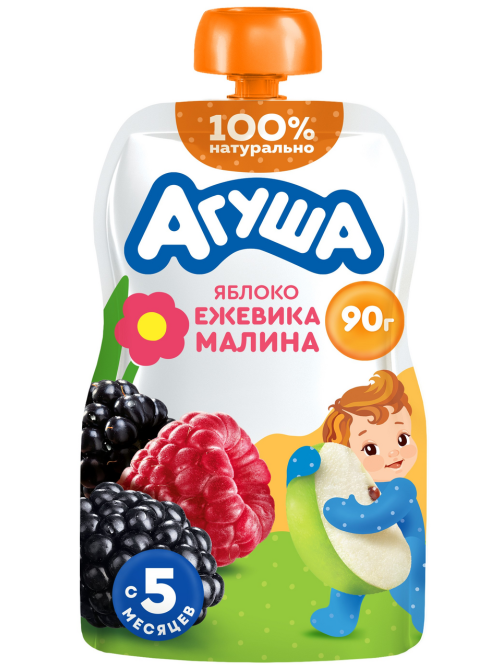Пюре фруктовое детское Агуша Яблоко, ежевика и малина с 5 месяцев, 90г