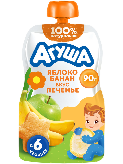 Пюре фруктовое детское Агуша Яблоко, банан и печенье с 6 месяцев, 90г