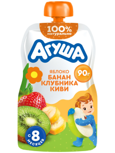 Пюре фруктовое детское Агуша Яблоко, банан, клубника и киви с 8 месяцев, 90г