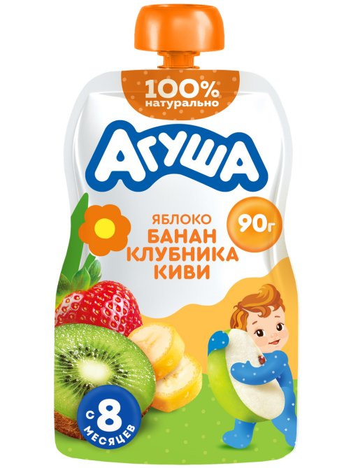 Пюре фруктовое детское Агуша Яблоко, банан, клубника и киви с 8 месяцев, 90г