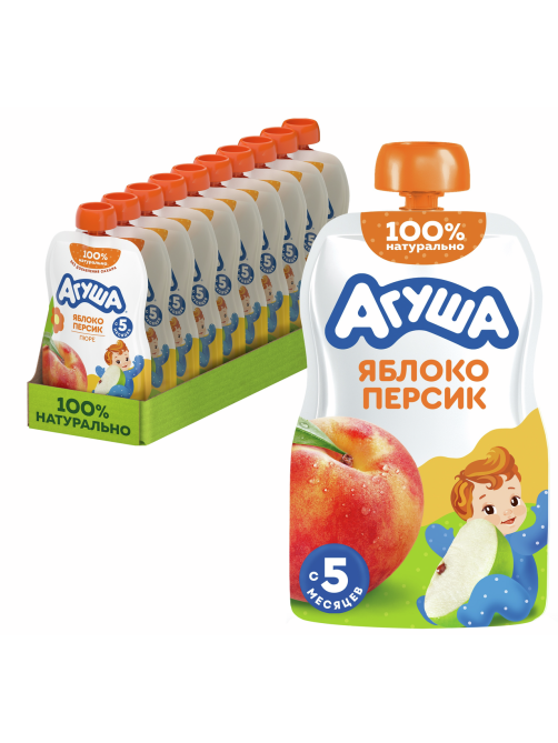 Пюре фруктовое детское Агуша Персик и яблоко с 5 месяцев, 90г х 10 шт