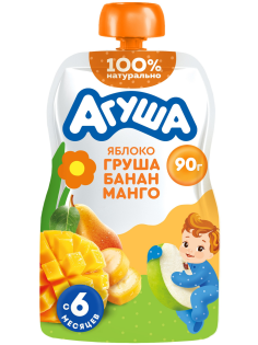 Пюре фруктовое детское Агуша Яблоко, груша, банан и манго с 6 месяцев, 90г