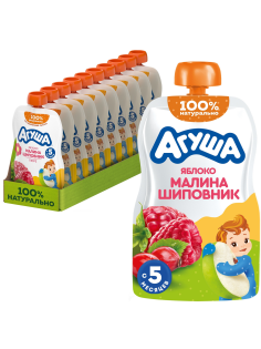Пюре фруктовое детское Агуша Яблоко, шиповник и малина с 5 месяцев, 90г х 10 шт