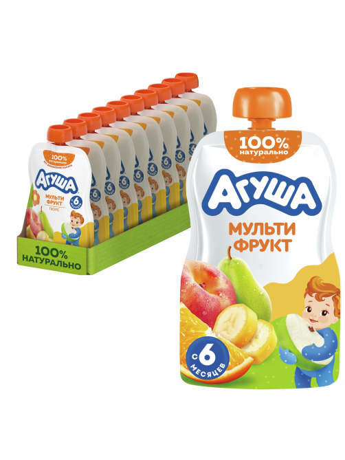 Пюре фруктовое детское Агуша Мультифрукт с 6 месяцев, 90г х 10 шт