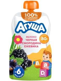 Пюре фруктовое детское Агуша Укрепляй-ка Яблоко, черная смородина и ежевика с 6 месяцев, 80г