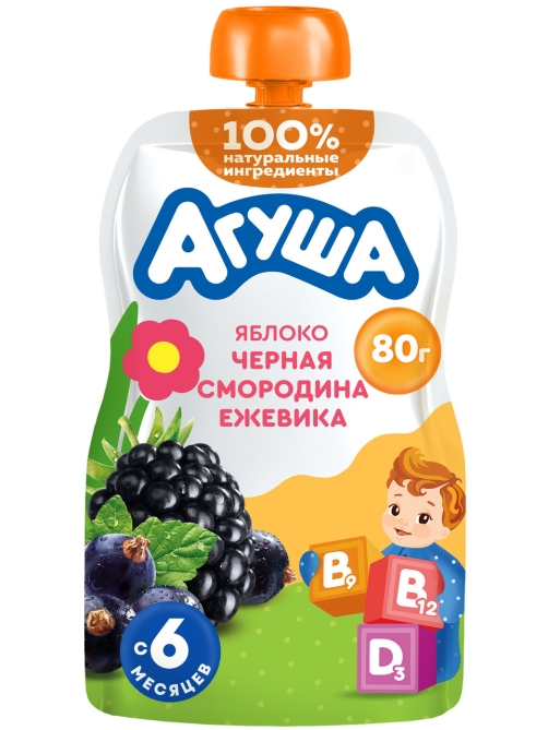 Пюре фруктовое детское Агуша Укрепляй-ка Яблоко, черная смородина и ежевика с 6 месяцев, 80г