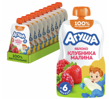 Пюре фруктовое детское Агуша Яблоко, клубника и малина с 6 месяцев, 90г х 10 шт