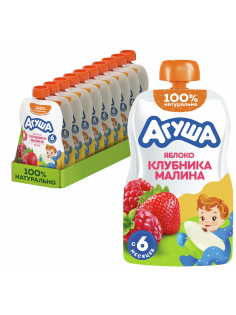 Пюре фруктовое детское Агуша Яблоко, клубника и малина с 6 месяцев, 90г х 10 шт