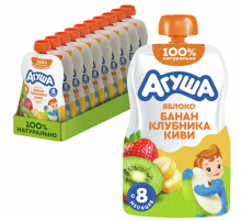 Пюре фруктовое детское Агуша Яблоко, банан, клубника и киви с 8 месяцев, 90г х 10 шт