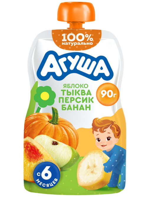 Пюре фруктово-овощное детское Агуша Яблоко, тыква, персик и банан с 6 месяцев, 90г