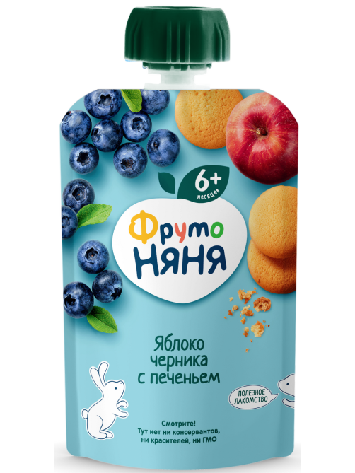 Пюре фруктовое детское ФрутоНяня Яблоко, черника и печенье с 6 месяцев, 90г