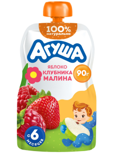 Пюре фруктовое детское Агуша Яблоко, клубника и малина с 6 месяцев, 90г