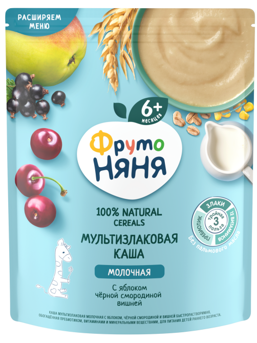 Каша молочная детская ФрутоНяня Мультизлаковая Яблоко, смородина и вишня с 6 месяцев, 200г