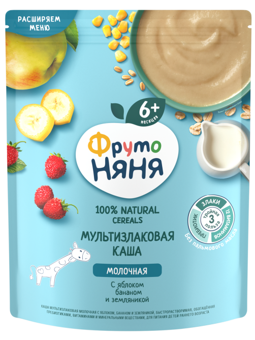 Каша молочная детская ФрутоНяня Мультизлаковая Яблоко, банан и земляника с 6 месяцев, 200г