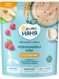 Каша мультизлаковая детская ФрутоНяня с кусочками яблока, хлопьями и малиной, 190г